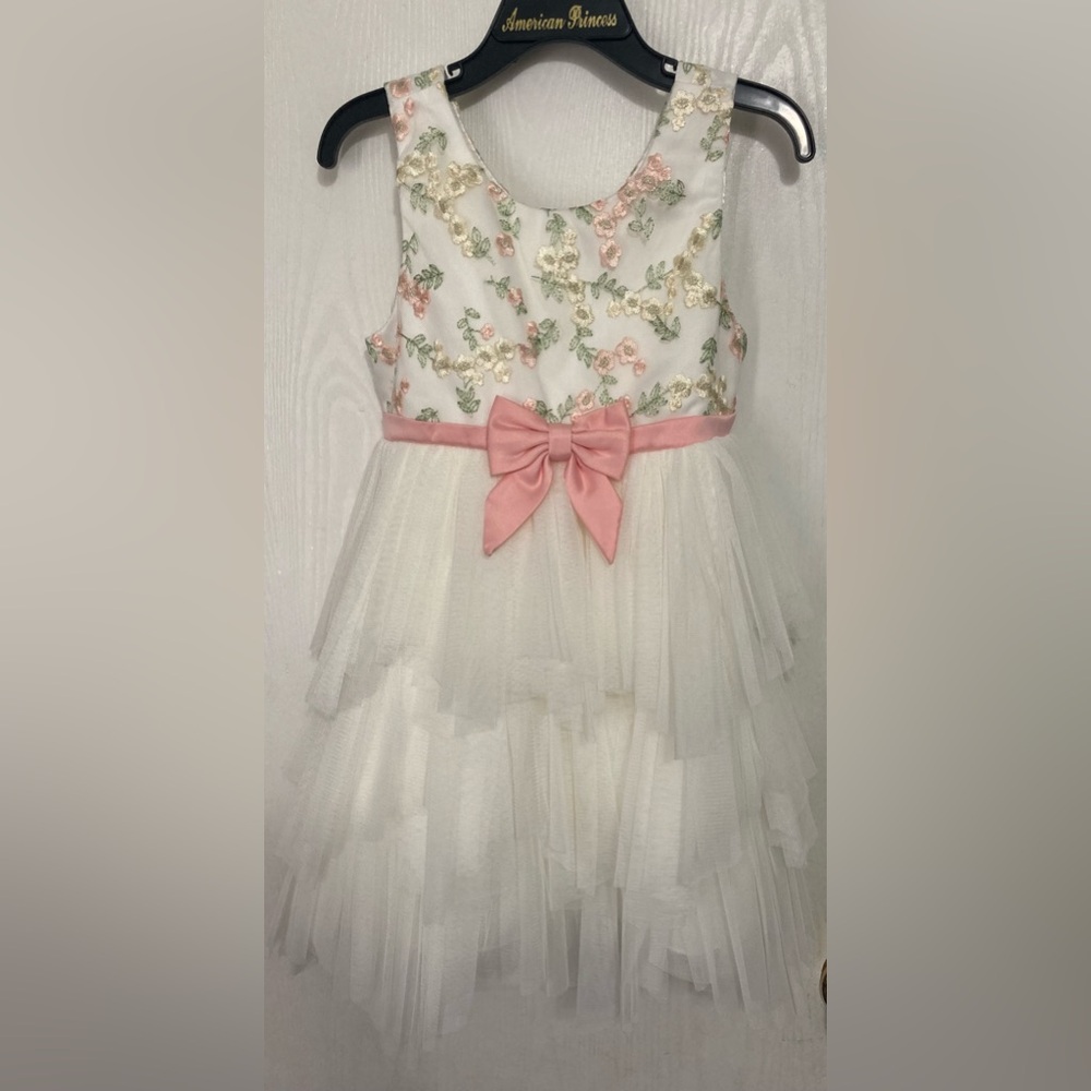 American Princess Cream, Pink, & Green  Floral Tulle Dress for Kids